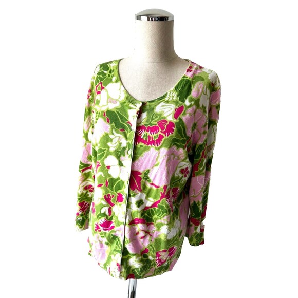 Talbots Pink Green White Floral Round Neck Cardigan Sweater-Womens Petite Large - Picture 1 of 13